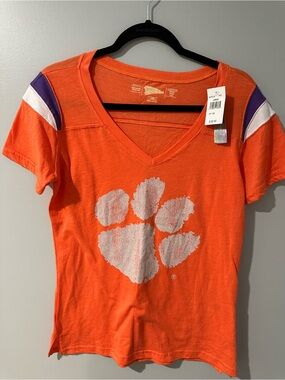 Clemson Tigers Orange V-Neck Tee with White Paw & Purple Sleeve Accents